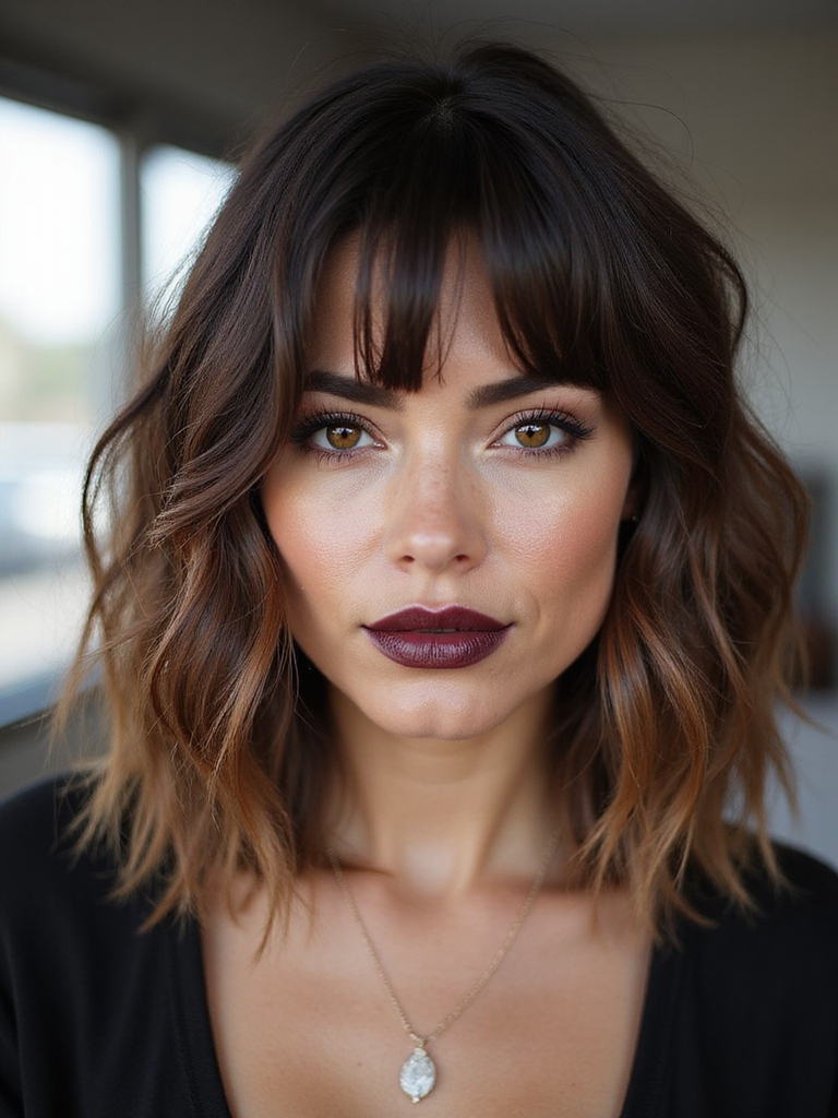 Piecey shoulder-length layers with a parted curtain fringe