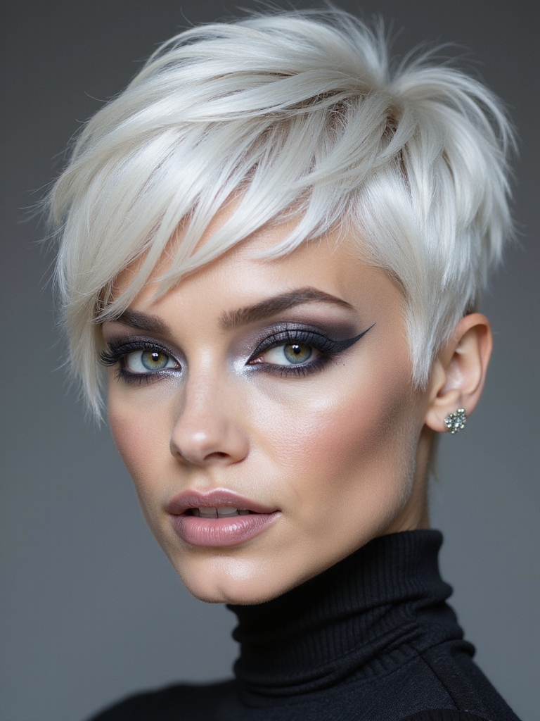 A platinum blonde pixie with an icy edge