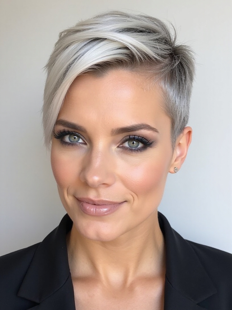 A platinum pixie with a shadow-root undercut