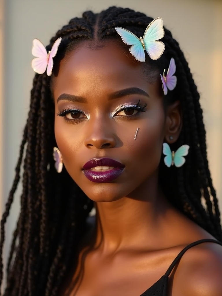 butterfly hair clips placed decoratively on shoulder-length locs for an everyday look