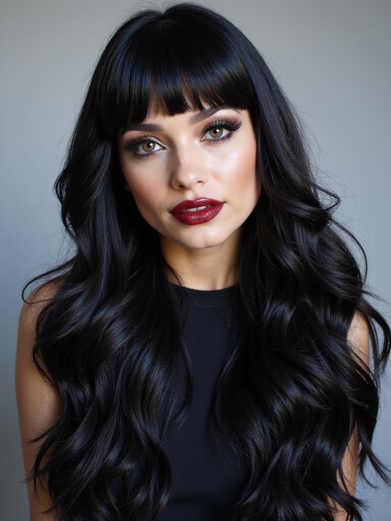 Short graphic bangs with a high-gloss long blowout