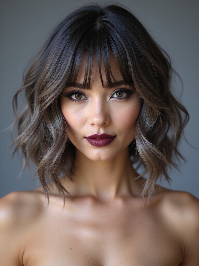 A razor-cut layered bob with a wispy curtain fringe