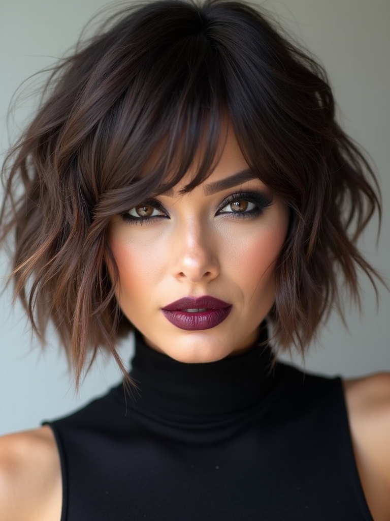 A razor-cut messy bob with feathered edges