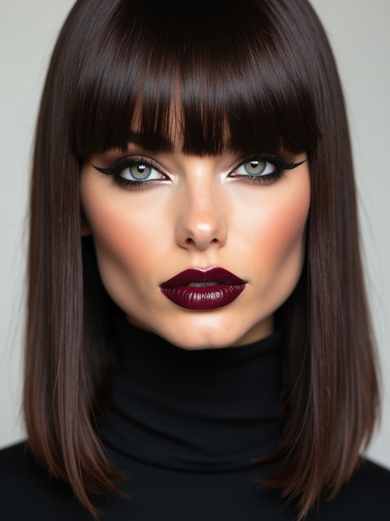 Razor-cut baby bangs on smooth mid-back hair