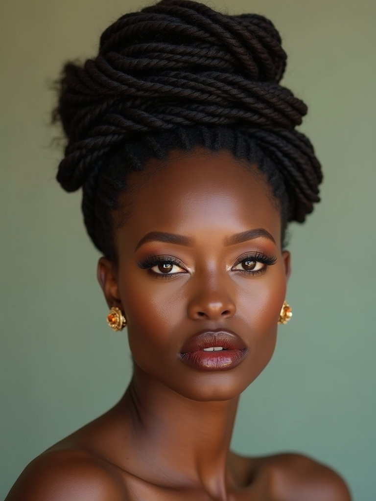 Regal high loc chignon accented with gold cuffs