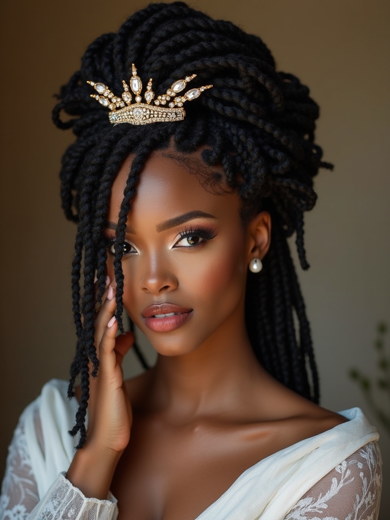 regal dreadlock updo with statement accessories for a Black bride at her wedding