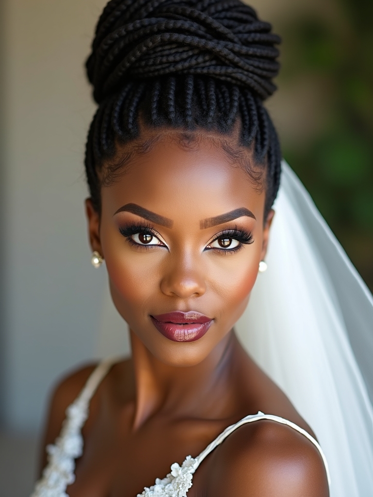 Twisted loc top knot with clean space for veil placement