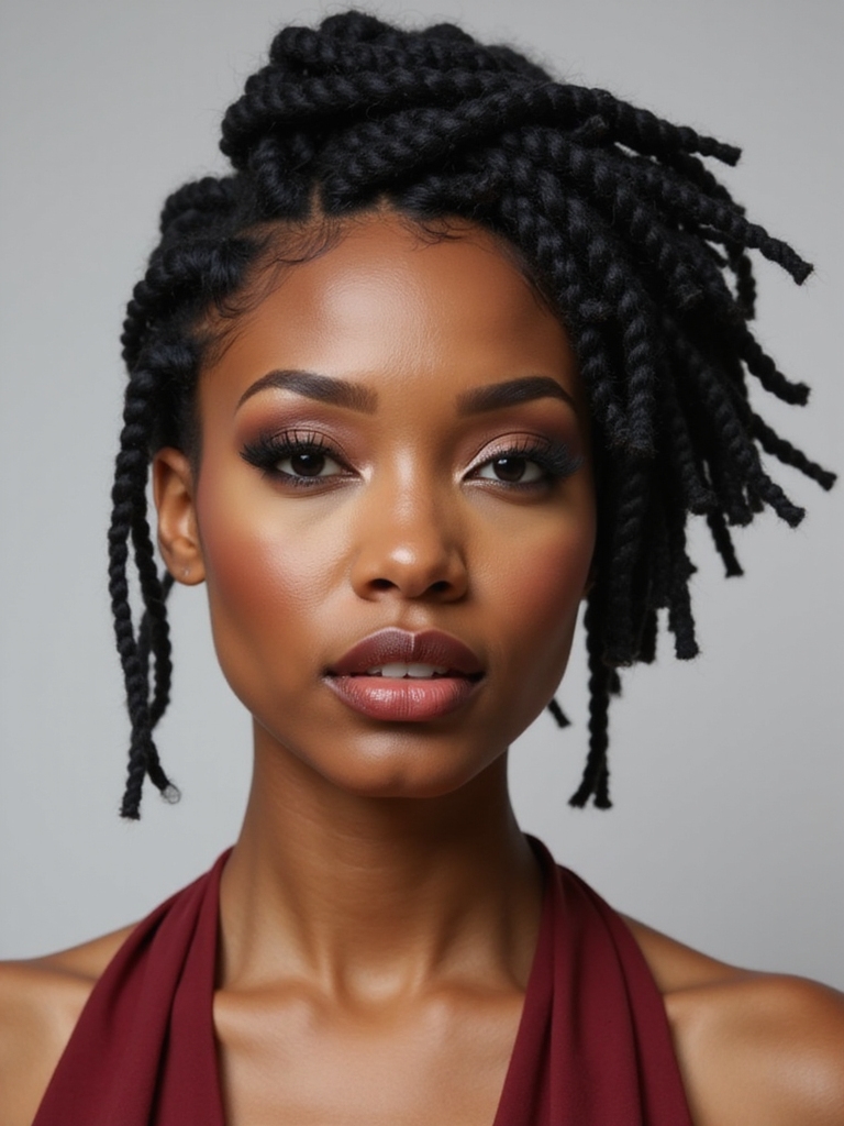 Sleek loc barrel rolls shaped into a polished updo