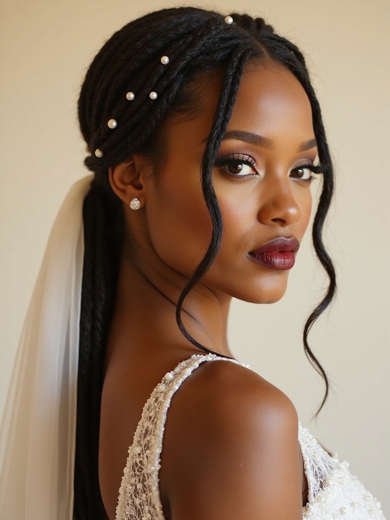 dreadlock ponytail styled with a flowing bridal veil attached beneath