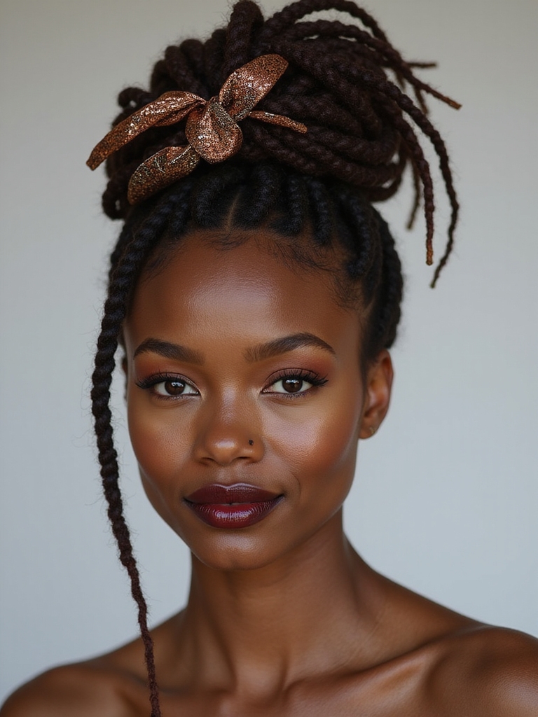 rope-wrapped loc bun with thread or cord wound around the bun surface