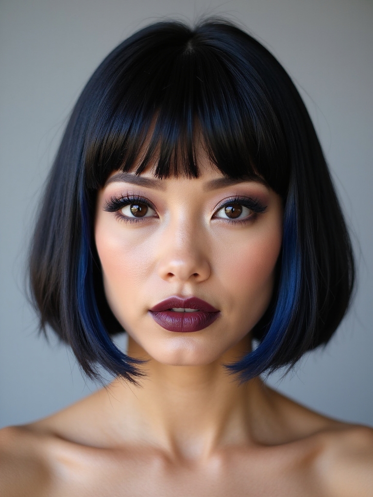 Rounded full bangs bob