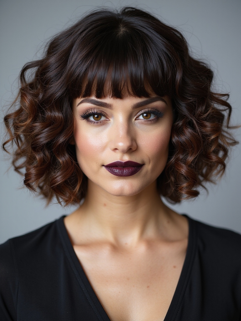 A curly bob paired with shaped curly bangs