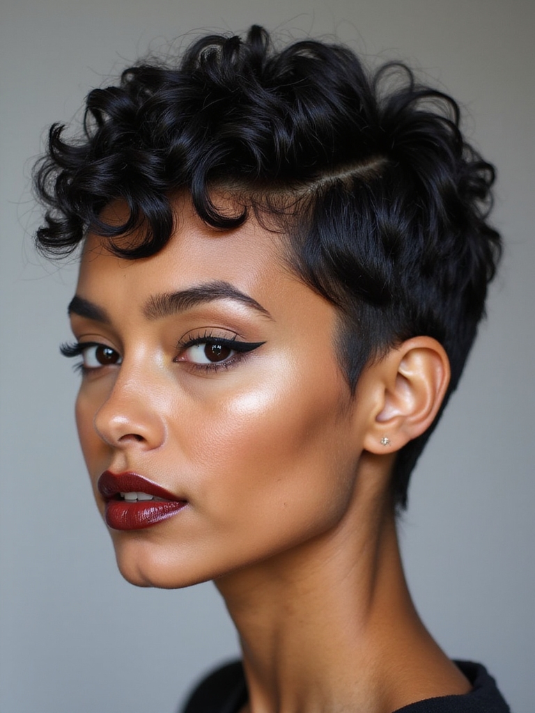 A sculpted curly pixie with clean edges