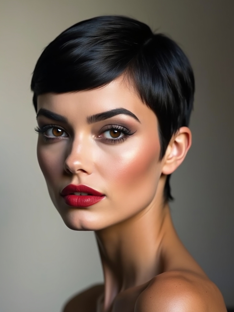 sculpted glossy cheekbone framing pixie