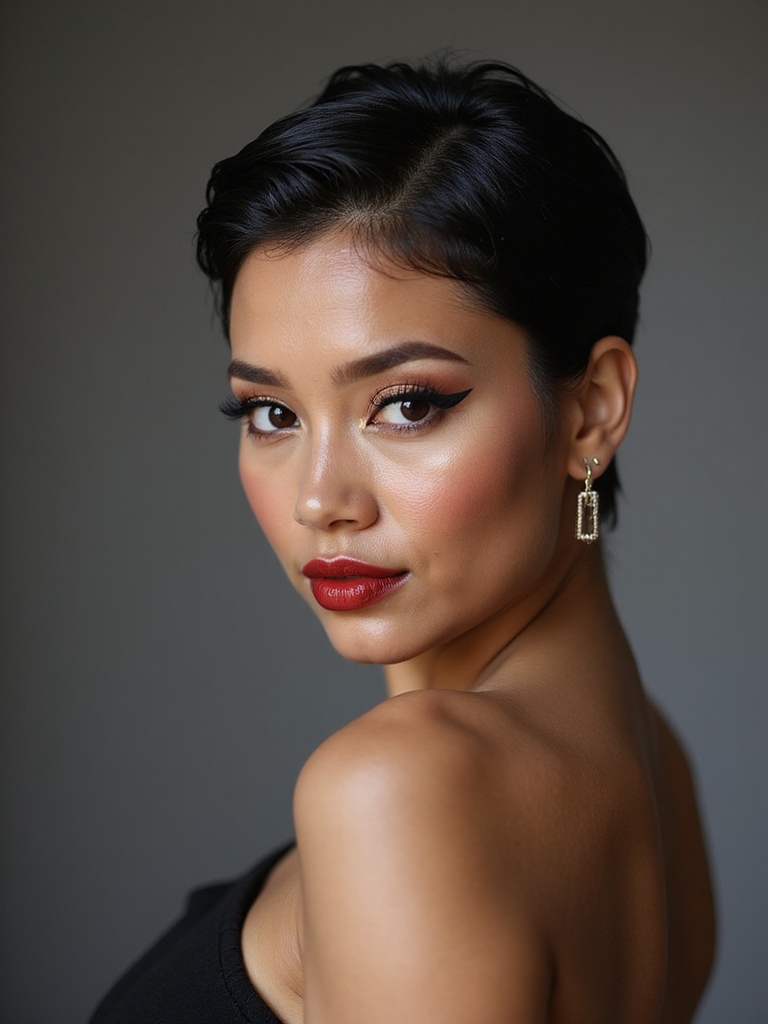 sculpted glossy side part pixie
