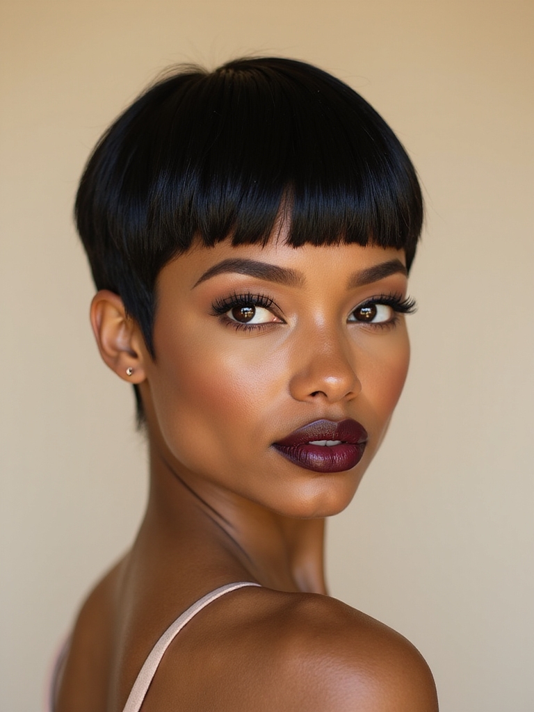 sculpted pixie with microbangs