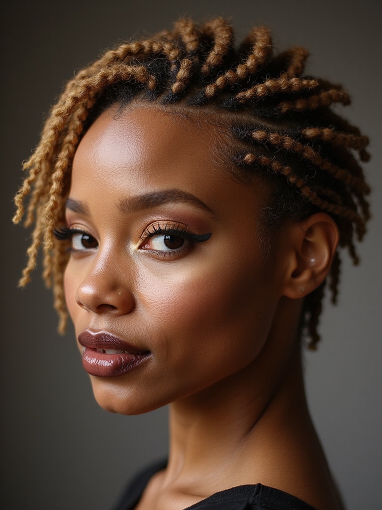 Short locs in a sculpted taper with laid baby hairs
