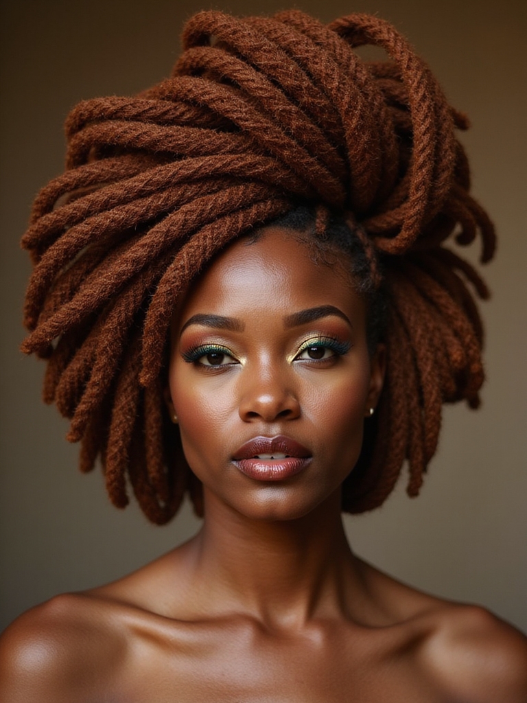 A sculptural loc crown updo pinned high