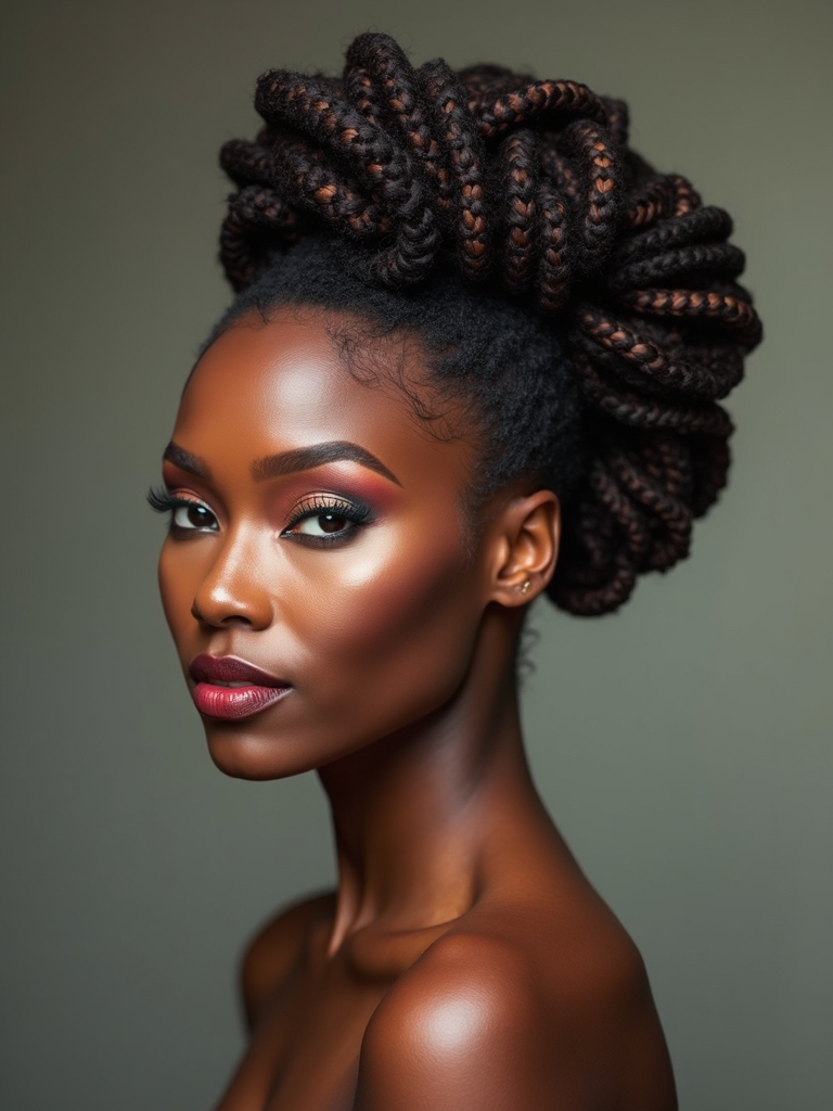 A rope-twist loc updo coiled and pinned