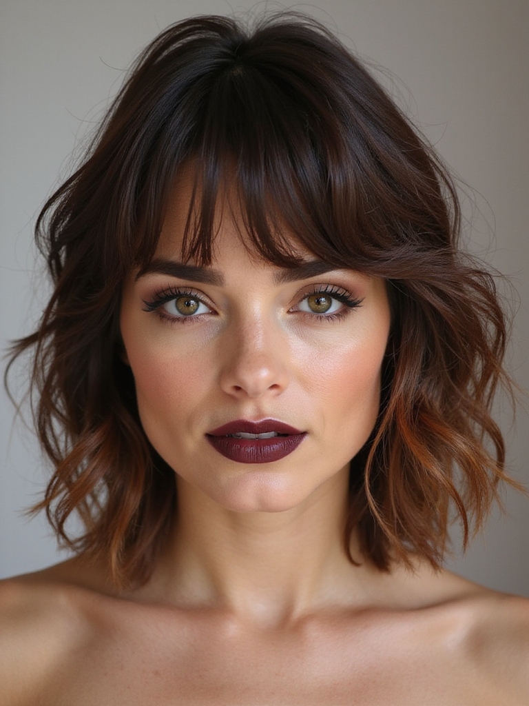 A shaggy bob with wispy piecey curtain bangs and choppy layers