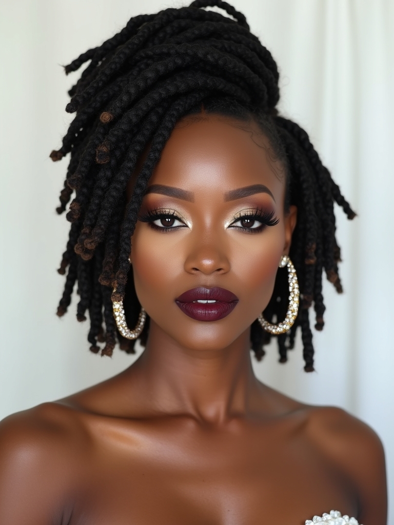 short dreadlocs styled boldly for a Black bride at her wedding