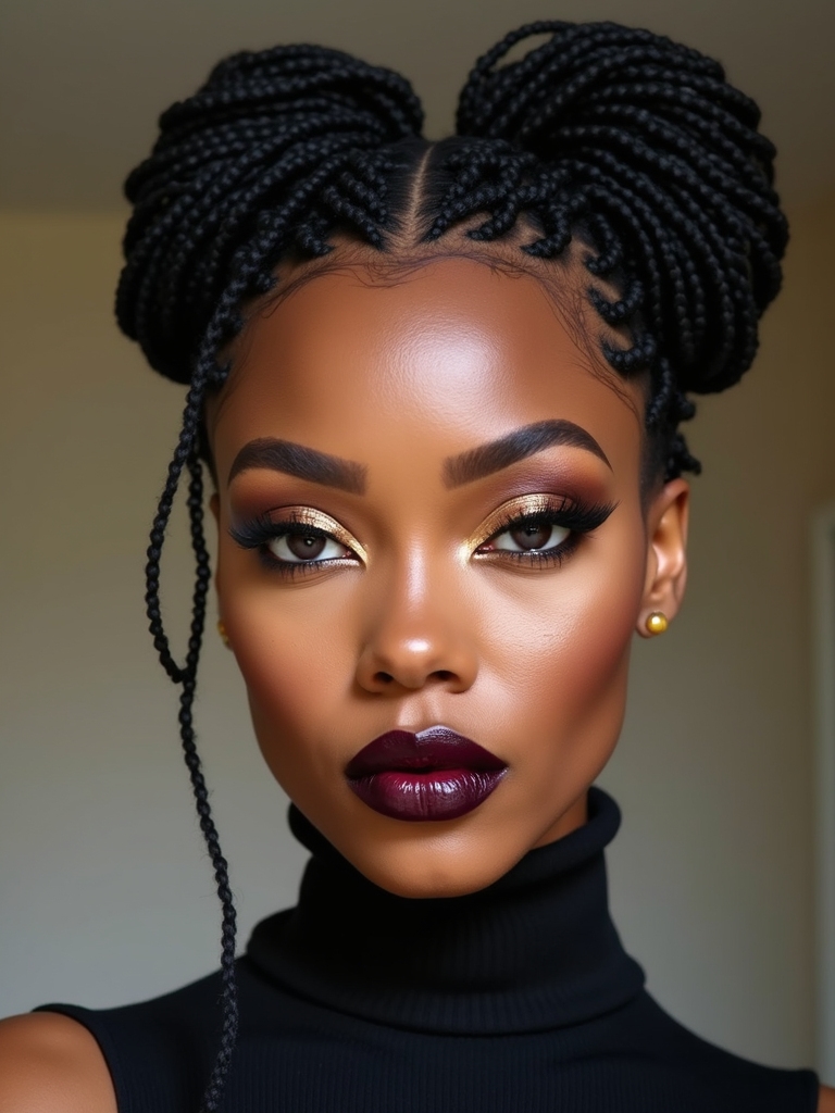 Playful space buns on shoulder-length locs