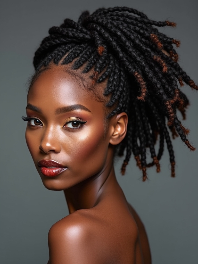 side-swept asymmetrical loc bun positioned behind one ear with flair