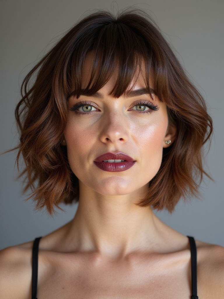 A bob with side-swept bangs and graduated layers