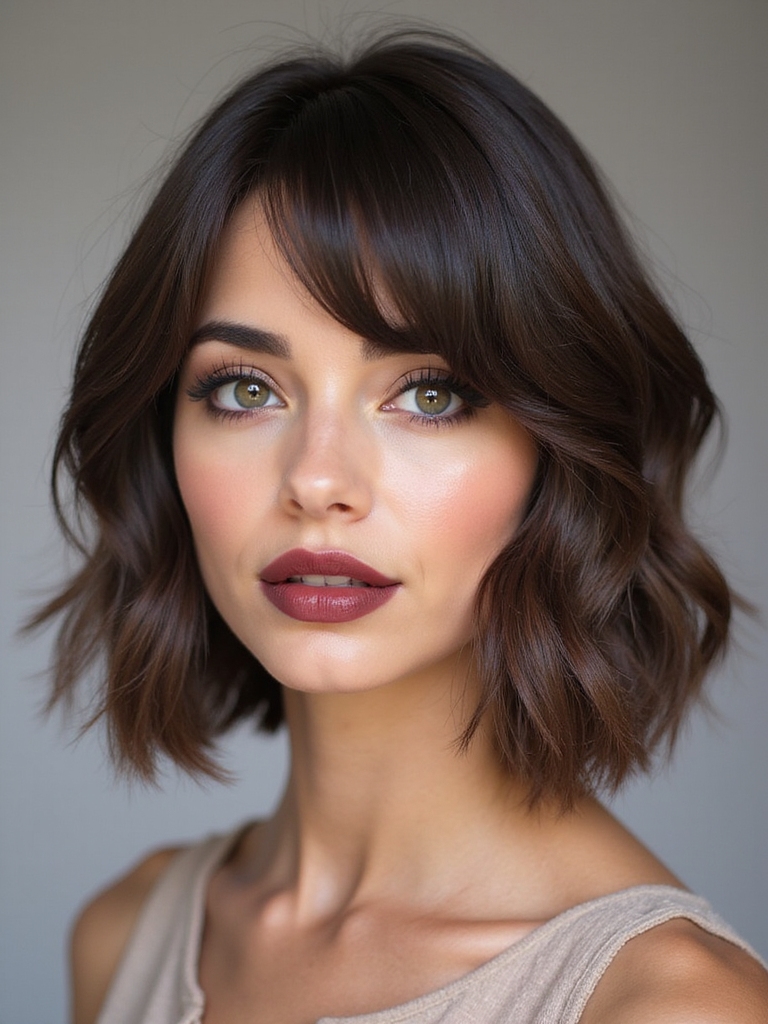 Side-swept bangs with face-framing layers on a layered bob