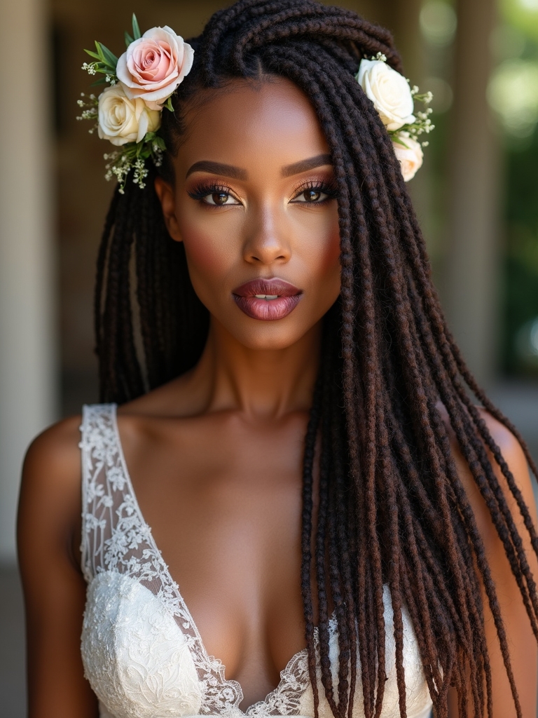side-swept dreadlocks pinned with fresh flowers for a bridal look