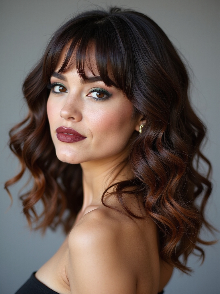 side swept textured curly bangs