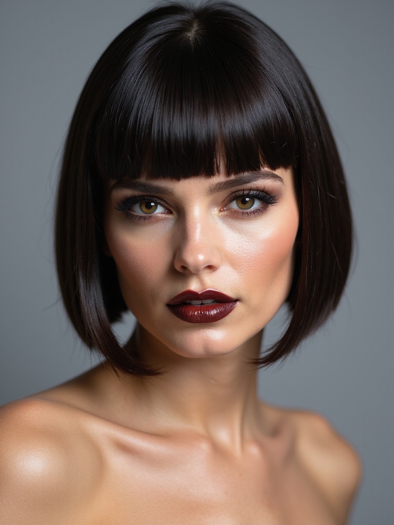 A sleek one-length brunette bob with a mirror-finish gloss