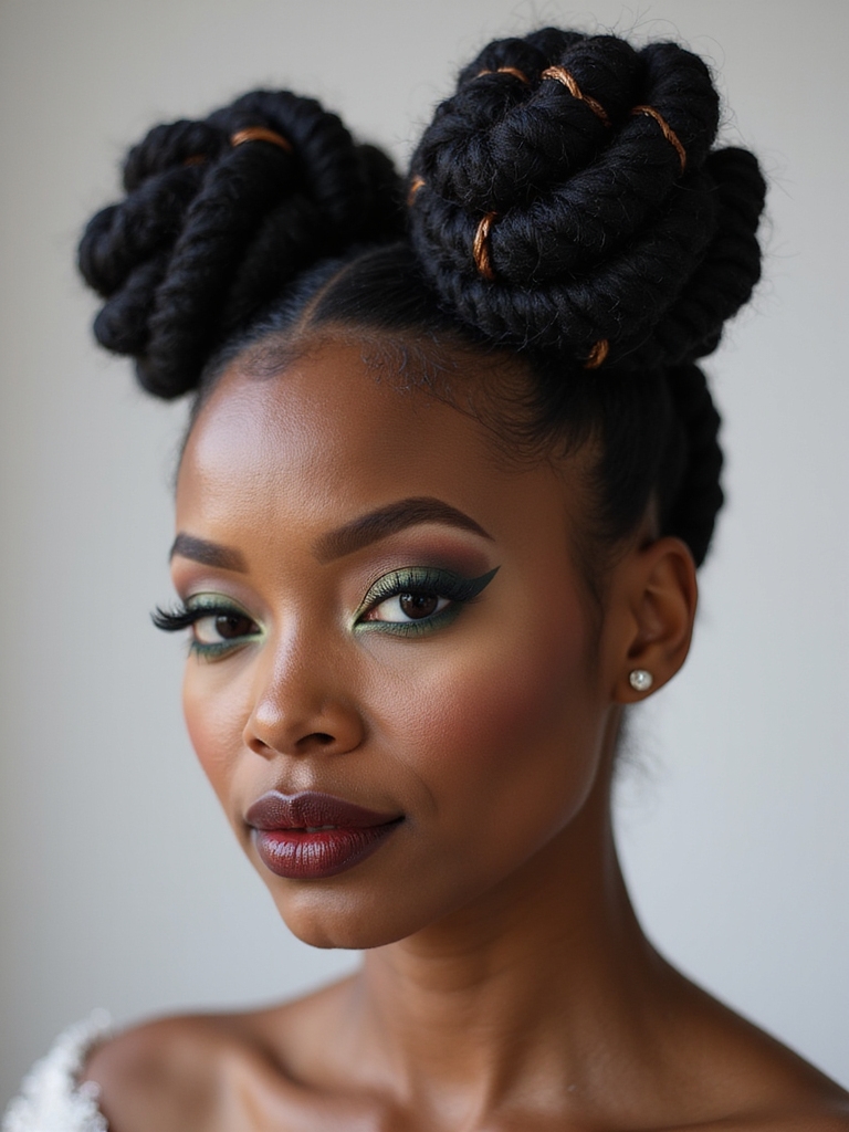 intricately wrapped dreadlock bun with clean lines and wrapped base for a Black bride