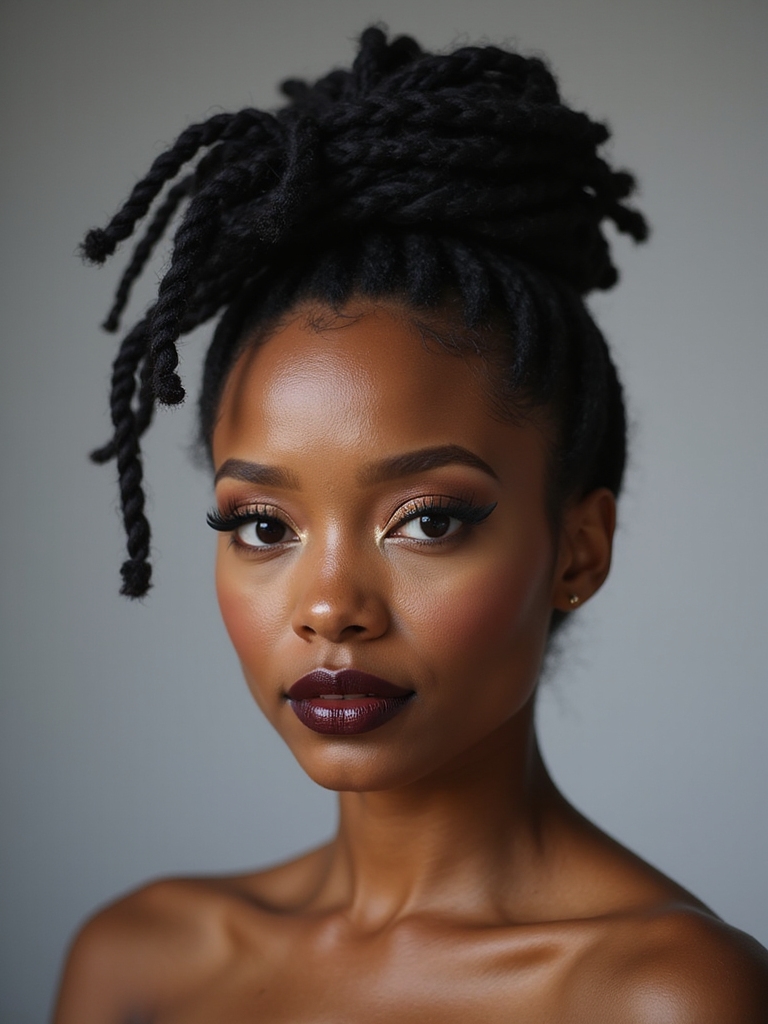 A sleek high loc bun with crisply polished edges