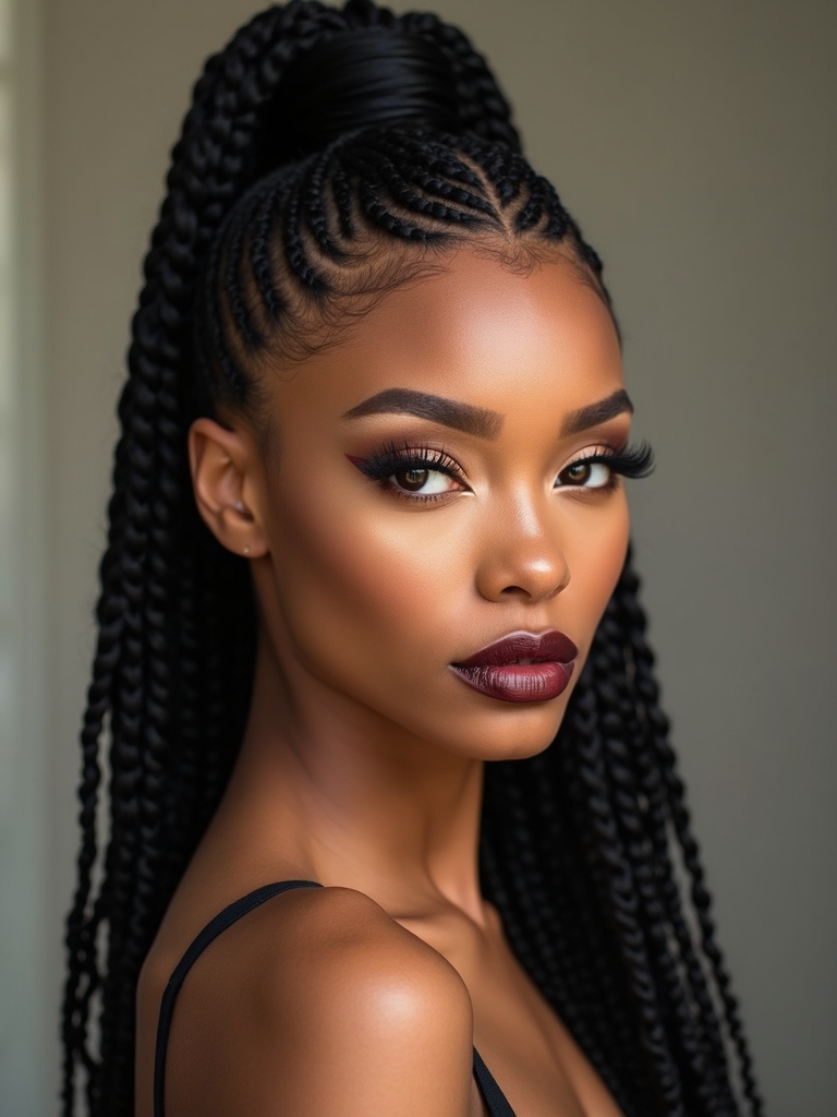 A high loc ponytail with sharply laid edges