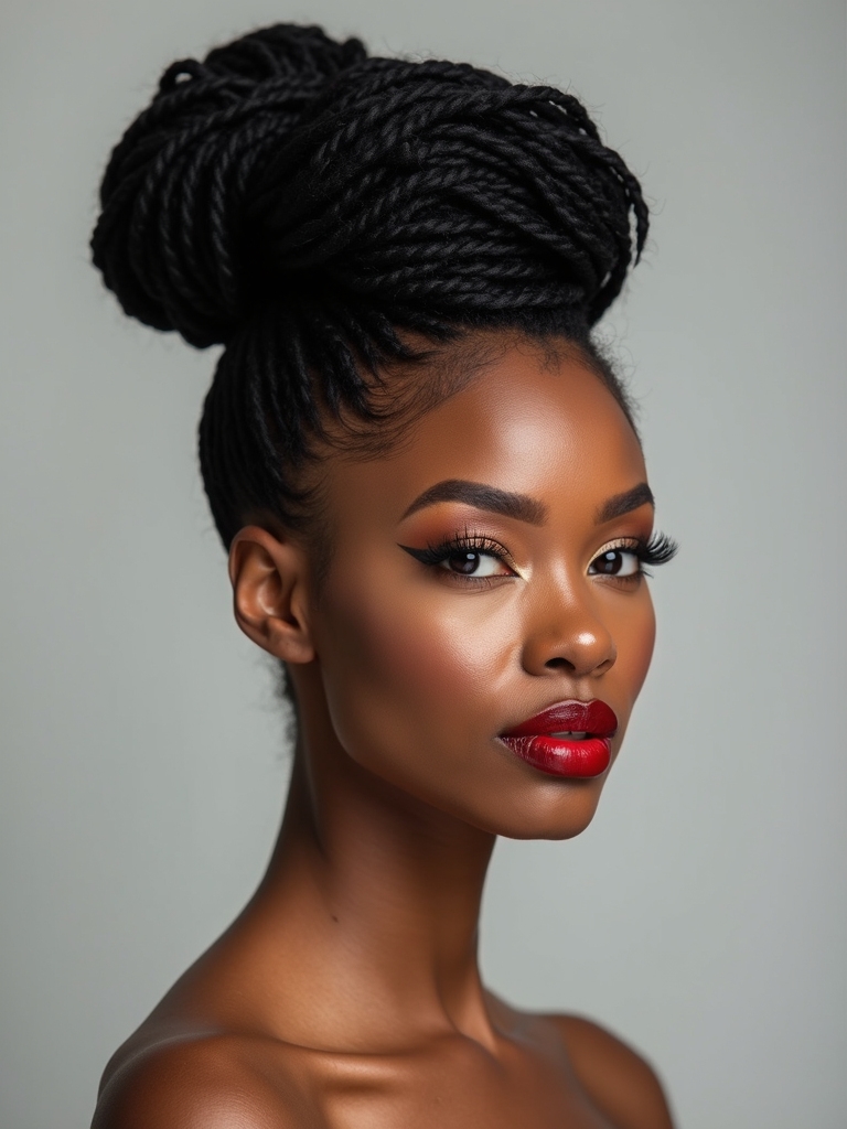 sleek high topknot bun on long dreadlocs worn for a professional setting