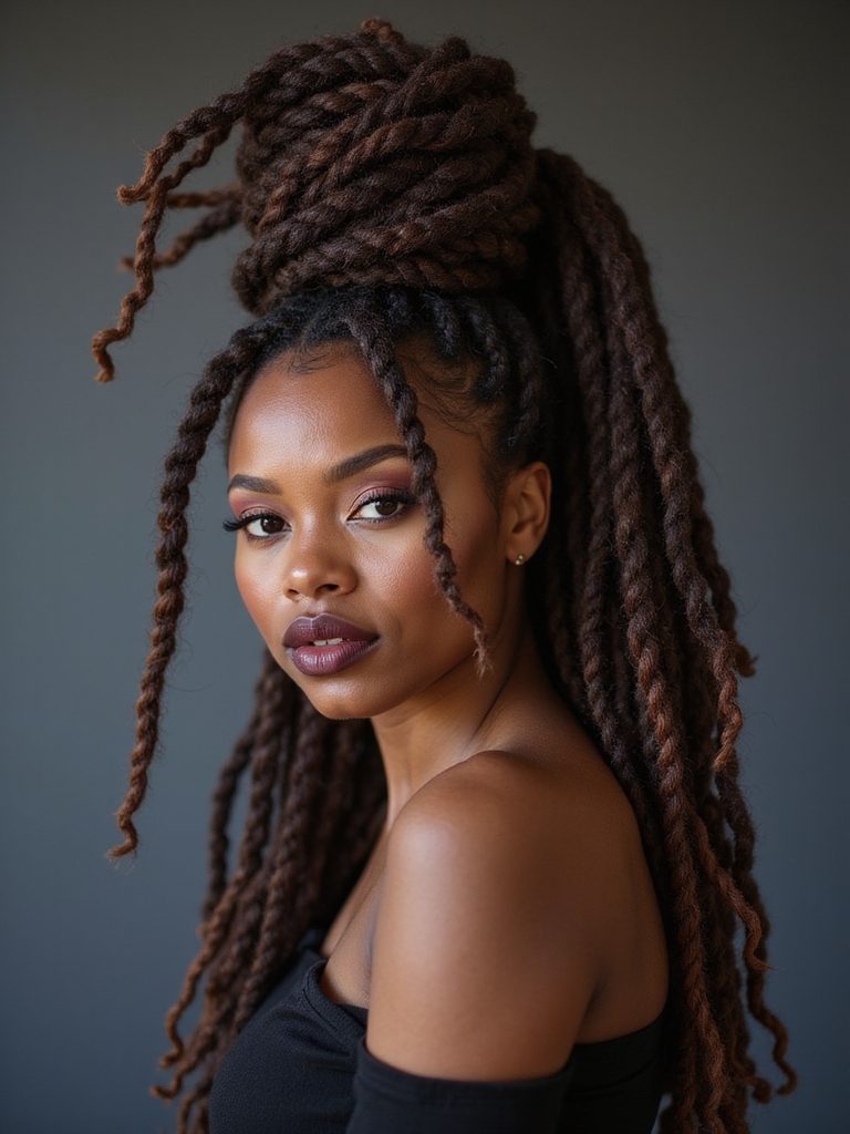 A high loc ponytail wrapped up into a knot