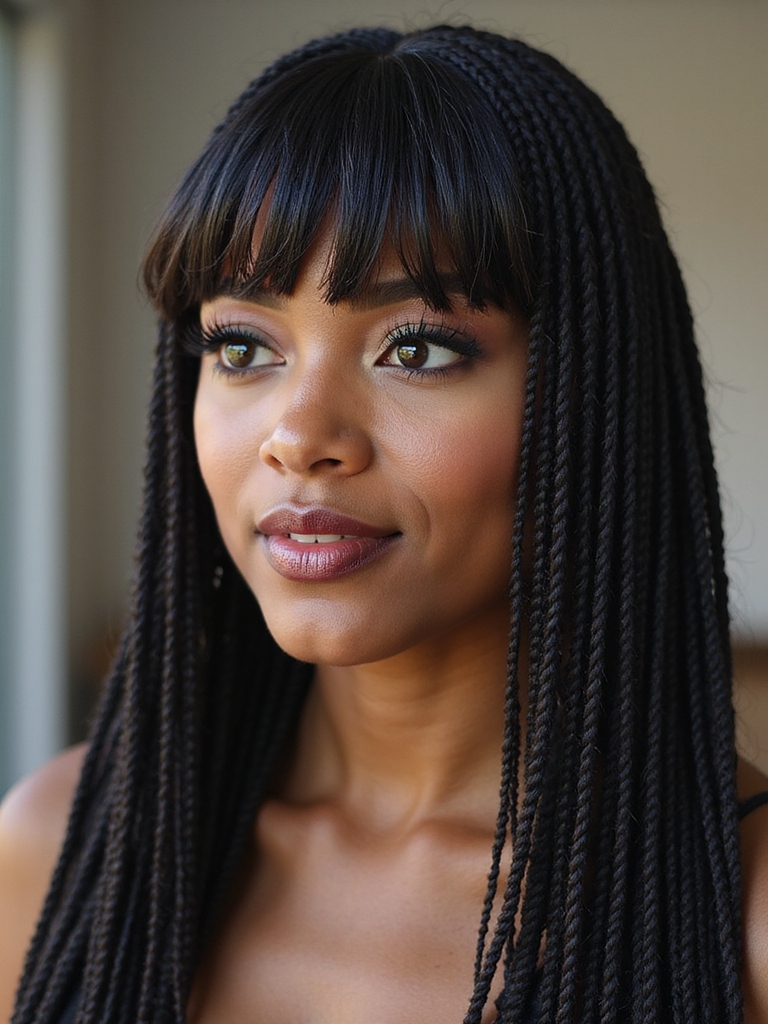 sleek micro cornrows with bangs