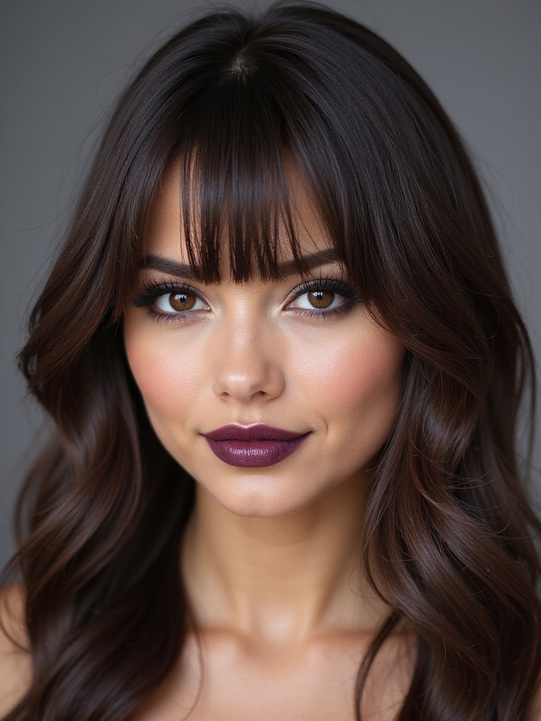 A sleek middle part with an airy curtain bang veil