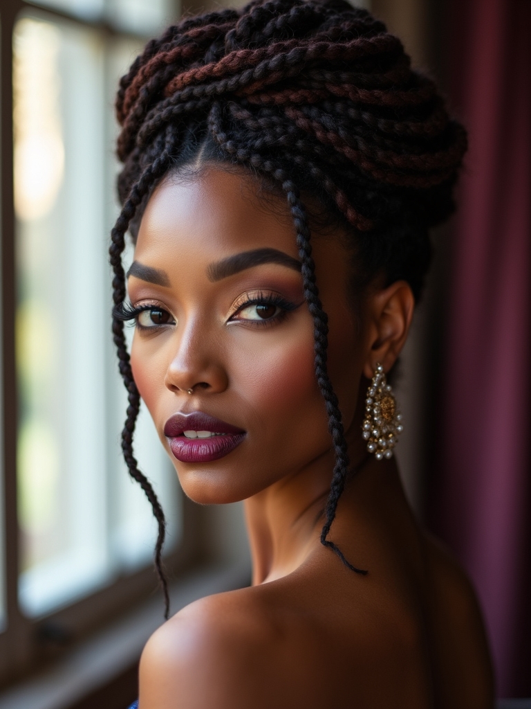loc updo with a sculpted bun pinned at the crown for a formal look