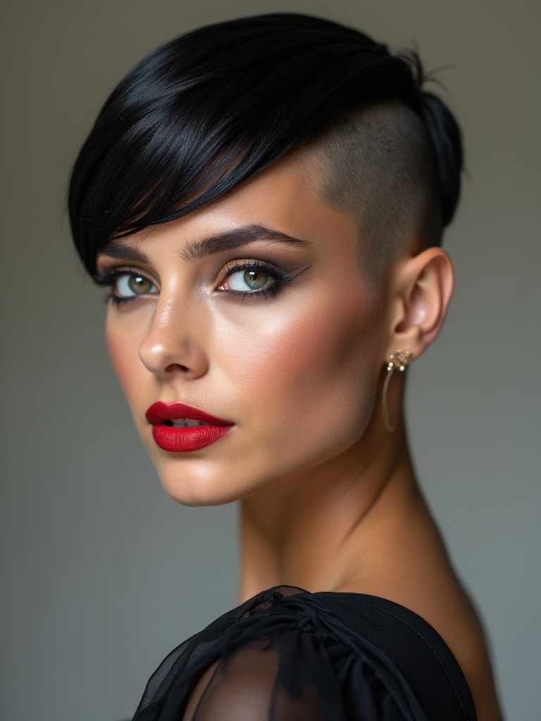 A sleek side-shaved undercut pixie