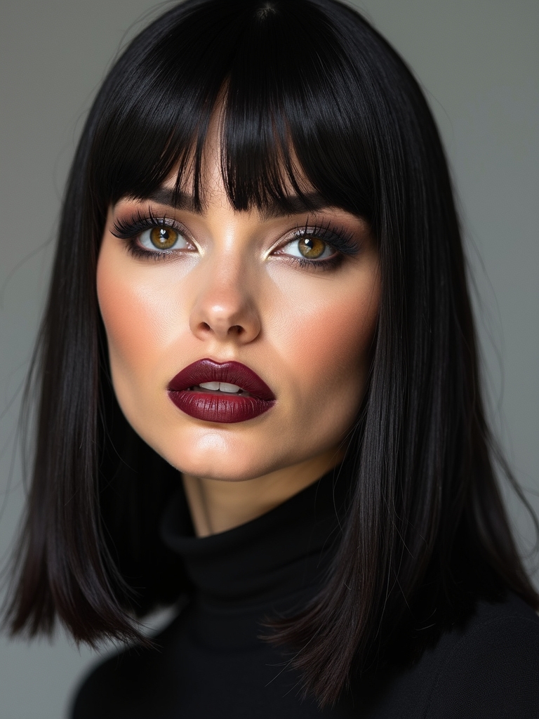 Sleek straight face-framing layers with a precise blunt fringe