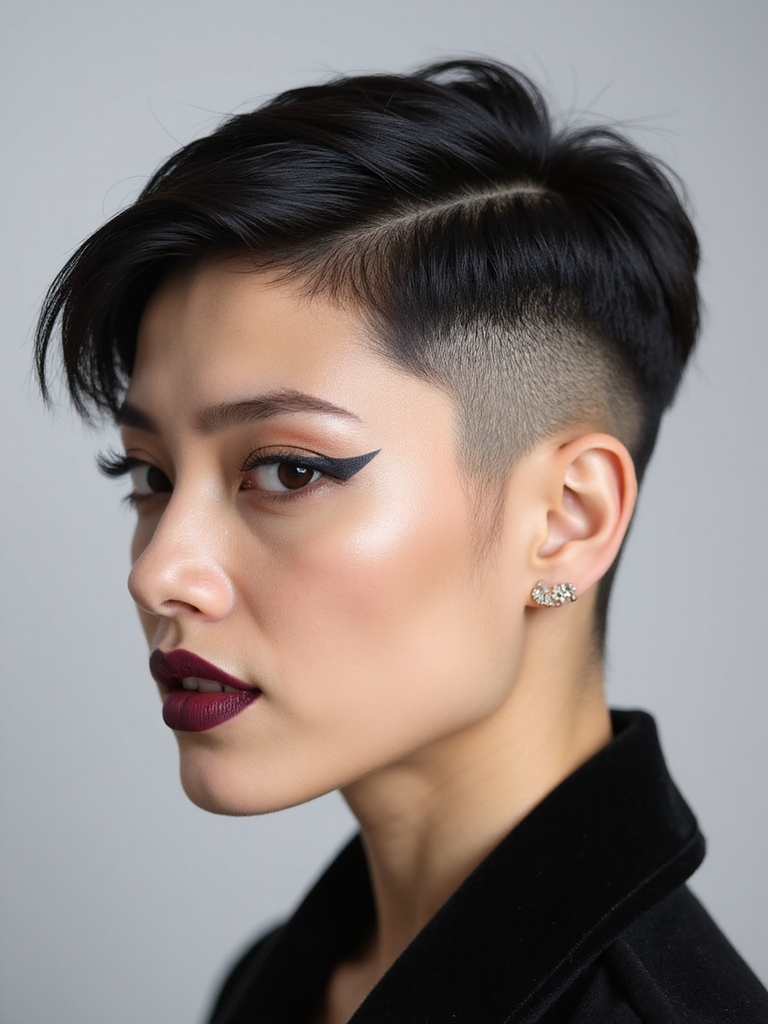 A sleek undercut pixie with razor-sharp lines