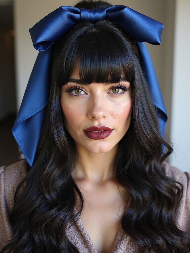 Baby bangs with a long half-up style and ribbons