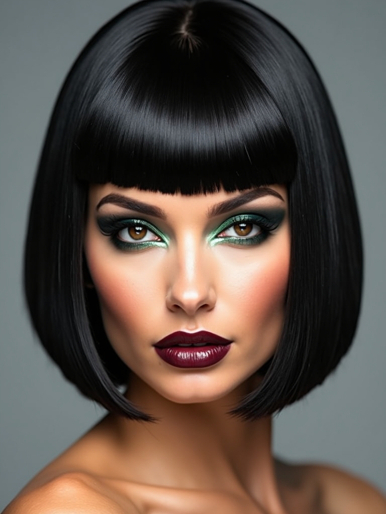 Curved crescent short bangs arcing across the forehead