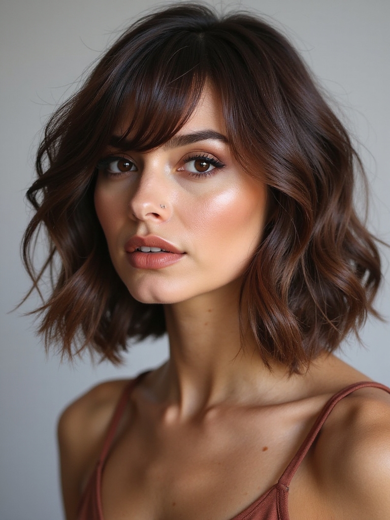 A soft layered cocoa brown bob