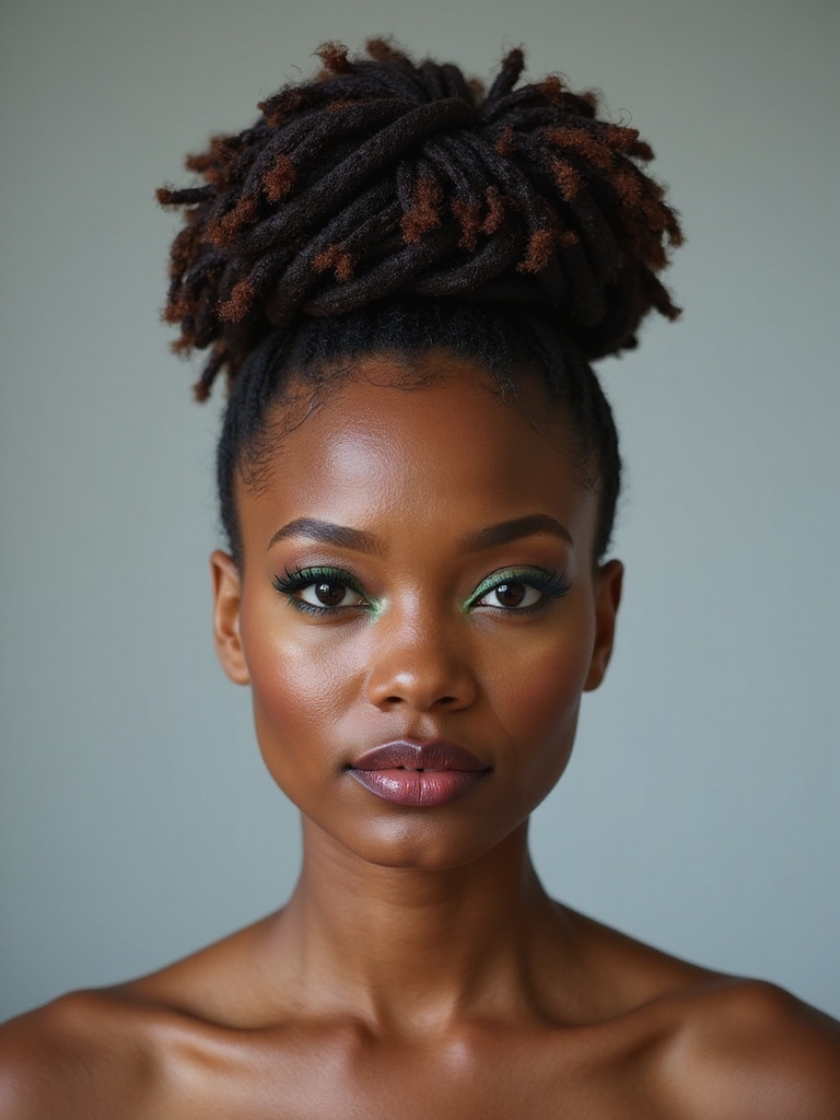 Locs coiled into a flat petal-shaped bun