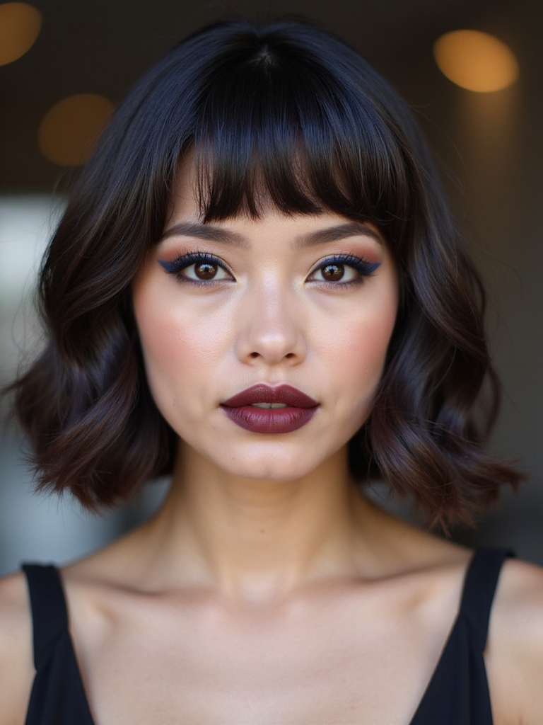 Soft split curtain bangs framing and lengthening a round face on short hair