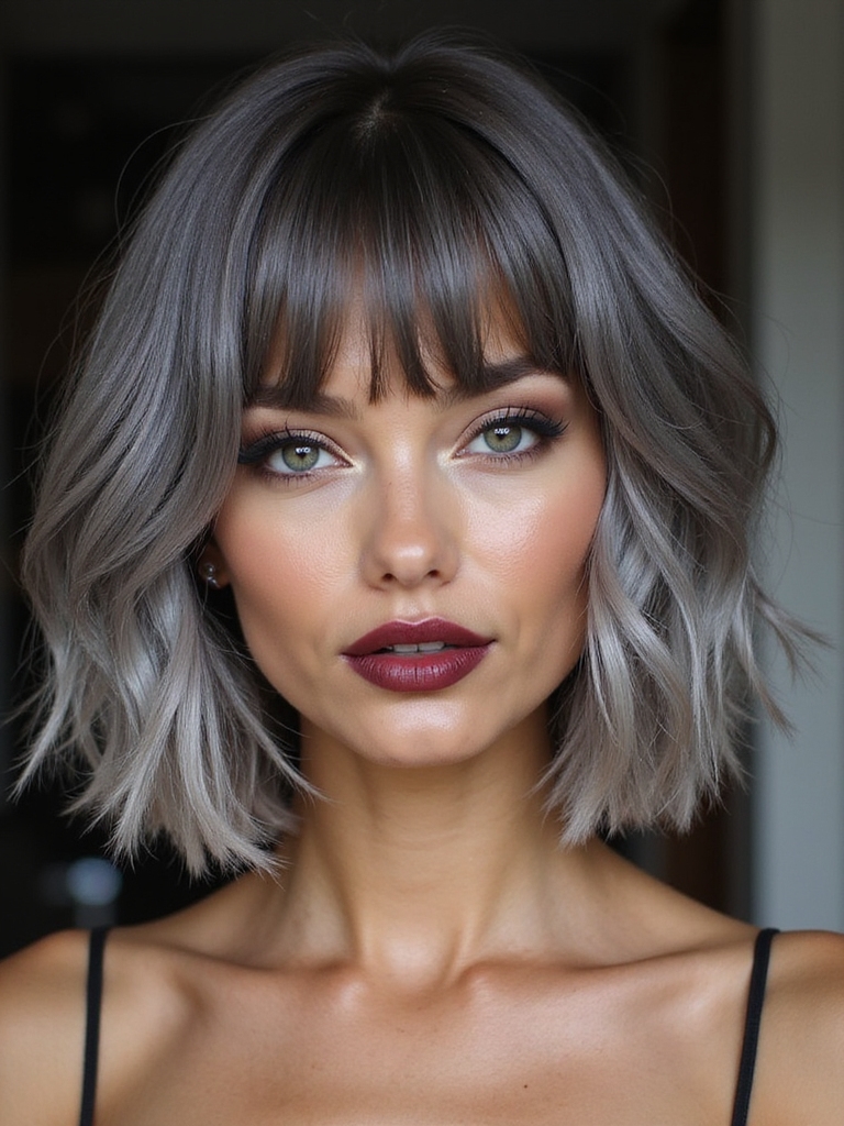 A collarbone bob with bottleneck bangs