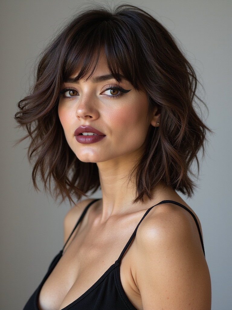 A tousled medium shag with side-swept bangs